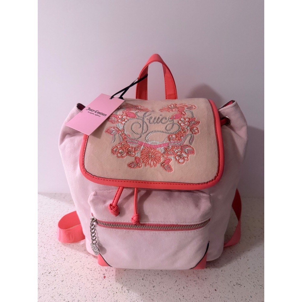 Juicy Couture Juicy In Bloom Pink Velour Floral Embroidered Mini Backpack NWT